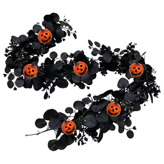 OCCOA 5.7ft Black Maple Leaf Pumpkin Garland Halloween Artificial Fall Vine with Faux Pumpkins Berries for Mantel Staircase Fireplace Door Party Decor, D