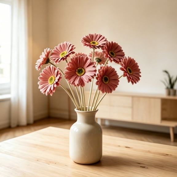 OCCOA Artificial Gerbera Daisies Real Touch Faux Flower Bouquet, Lifelike Bendable Stem Fake Flowers for Home Wedding Party Vase Decor, DIY Floral Arrangement Centerpiece, Khaki