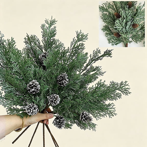 OCCOA Artificial Snow Dusted Pine Picks with Pinecones Berries Heads Faux Soft Touch, Frosted Christmas Greenery for Wreaths Garland Tree Decor, Gift for Winter Decor Enthusiasts, Multicolor