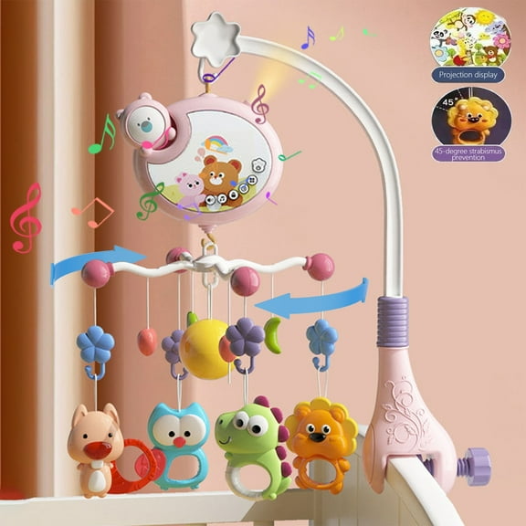 OCCOA Bassinet Mobile Toy Music Projection Rotating Rattle, Crib Hanging Decor with Lullabies, Pink