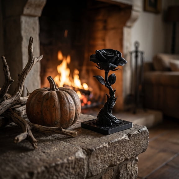 OCCOA Black Resin Rose Sculpture with Vintage Skeleton Key, Gothic Dark Flower Table Decor Ornament, Halloween Romantic Home Desktop Gift, Black