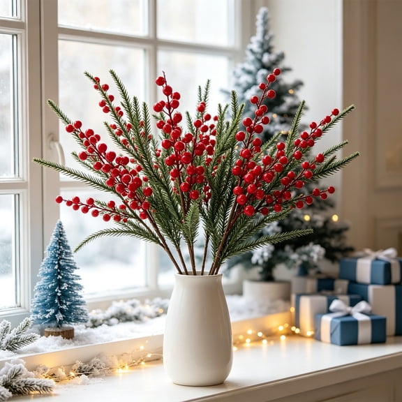 OCCOA Christmas Artificial Branches for Vase Fillers with Red Berries, Winter Foliage Stems for Table Mantel Decor, Festive Gift for Home Styling, A