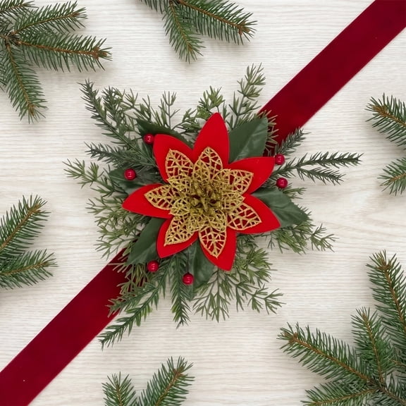OCCOA Christmas Curtain Tieback with Red Berries Needles, Velvet Strap Flower Holiday Window Holdback, Festive Door Staircase Decor, A