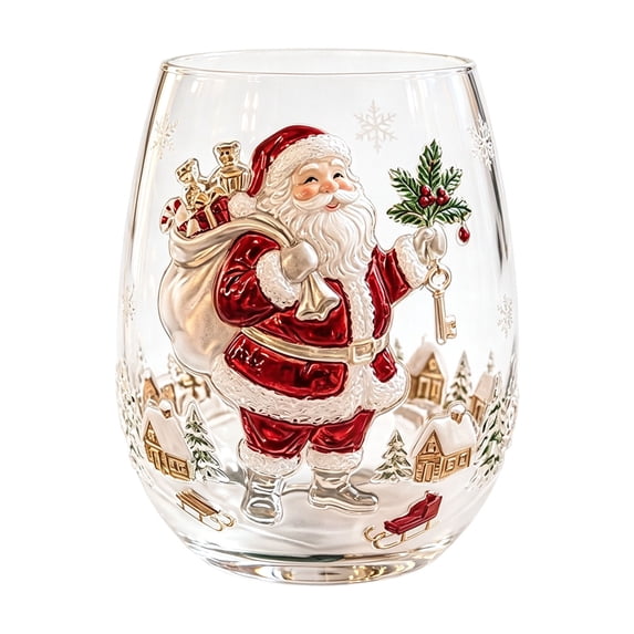 OCCOA Christmas Stemless Wine Glass 10oz Festive Holiday Printed Drinking Cup Clear Glass Tumbler for Table Party Home Decor Gift for Family Xmas Present, D
