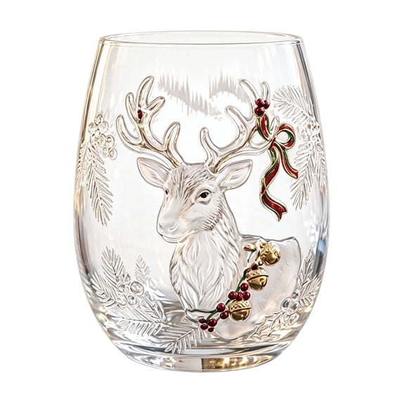 OCCOA Christmas Stemless Wine Glass 10oz Festive Holiday Printed Drinking Cup Clear Glass Tumbler for Table Party Home Decor Gift for Family Xmas Present, E