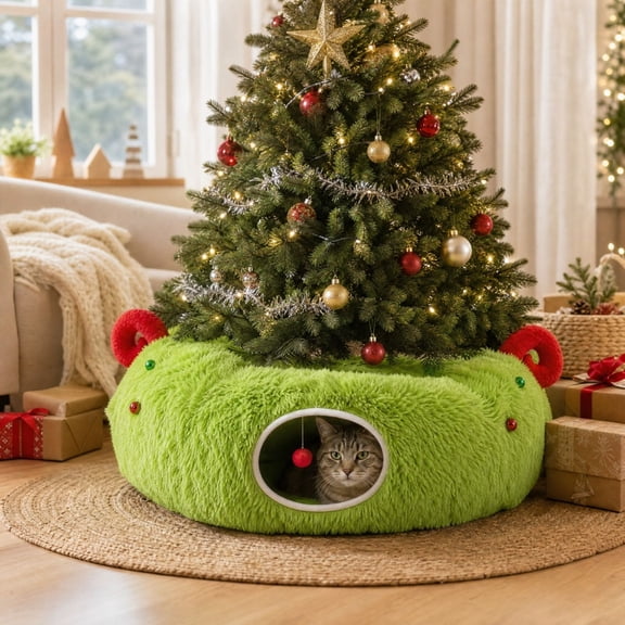 OCCOA Christmas Tree Shaped Running Track Pet Bed Foldable Winter Warm Cat Tunnel for Sleep Play Home Decor Gift for Cat Lovers Xmas Present, Multicolor