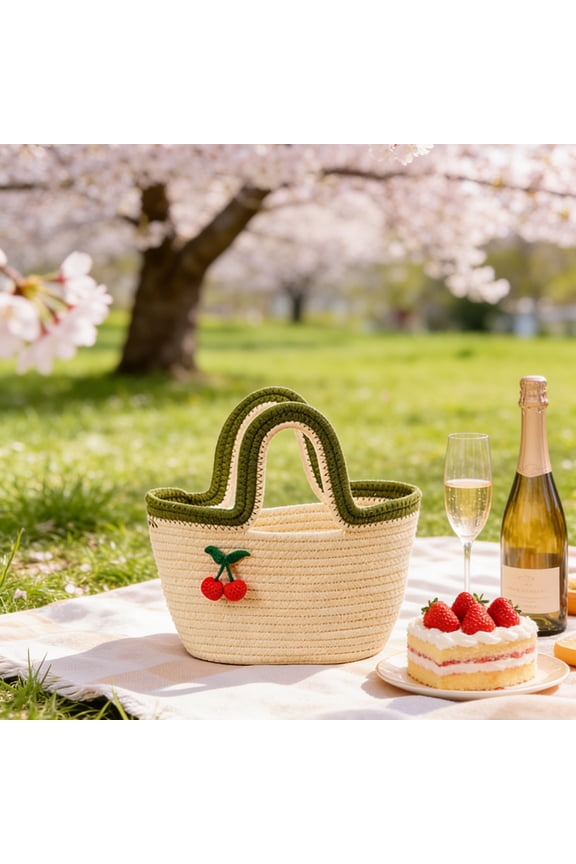 Cottons Rope Woven Bag, Beach Bag for Women, Handwoven Handbag Vintage Cherry Pattern Embroidery Creative Wooden Handle, Tote Bag Suitable for Vacation Seaside Travel ,Beige