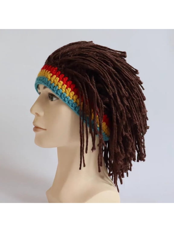Creative Men Knit Hat with Hair - Boys Funny Handmade Knitting Winter Beanie with Dreadlocks Photo Props Party Items Stage Performance Accessories,Coffee