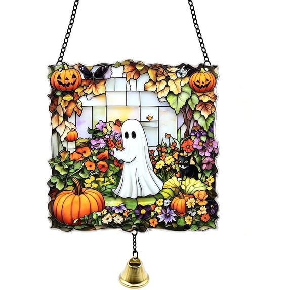 OCCOA Cute Ghost Stained Glass Style Acrylic Hanging Ornament with Bell Fall Pumpkin Window Suncatcher for Halloween Home Porch Decor Gift Idea, B