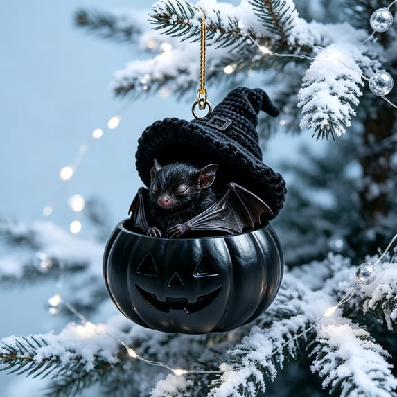 OCCOA Cute Halloween Pumpkin Hanging Ornament Sleeping Animals with Witch Hat Acrylic Pendant for Tree Mantel Window Door Home Halloween Decor Gift, C