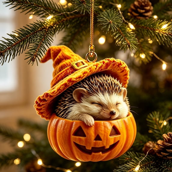 OCCOA Cute Halloween Pumpkin Hanging Ornament Sleeping Animals with Witch Hat Acrylic Pendant for Tree Mantel Window Door Home Halloween Decor Gift, A