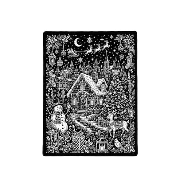 OCCOA DIY Christmas Coloring Blanket Set Soft Washable Fabric with Markers Festive Town Snowman Cottage Deer, Reusable for Family Activity Holiday Gift, D
