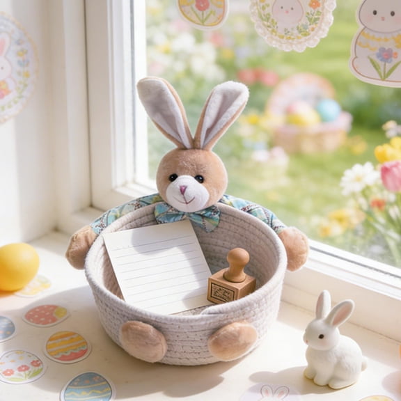 OCCOA Easter Bunny Eggs Storage Basket Rabbit Candy Cookies Woven Holder Basket Candy Bowl Chocolate Dish Desserts Container Decorative Cotton Rope Woven Basket for Party Holiday Table Decoration