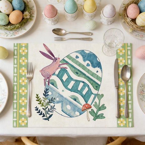 OCCOA Easter Rabbit Placemats Spring Easter Egg Bunny Flowers Floral Place Mat Seasonal FarmhouseFabric Table Mats for Kitchen Dining Outdoor Indoor Easter Party Decoration ,A