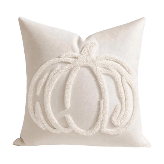 OCCOA Fall Halloween Pumpkin Tufted Embroidered Throw Pillow Cover, 18 Inch Decorative Cushion Case for Holiday Couch Sofa and Bed Home Decor, White