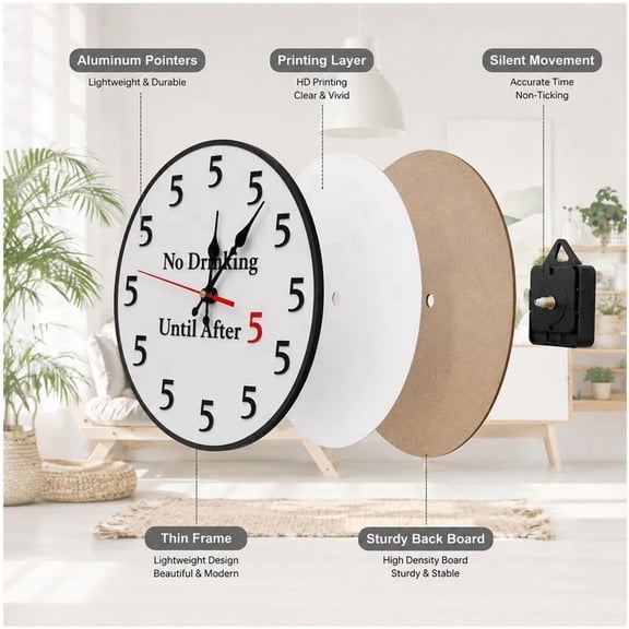 OCCOA Funny No Drinking Until After 5 Clock Silent Analog Non-Ticking, Round Wall Clock for Office Home Kitchen Living Room, Humorous Bar Decor, White