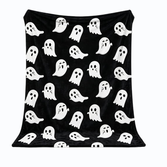 OCCOA Ghost Print Halloween Flannel Throw Blanket Soft Plush Cozy Cover for Sofa Bed Living Room Indoor Holiday Themed Home Decoration Gift, Black