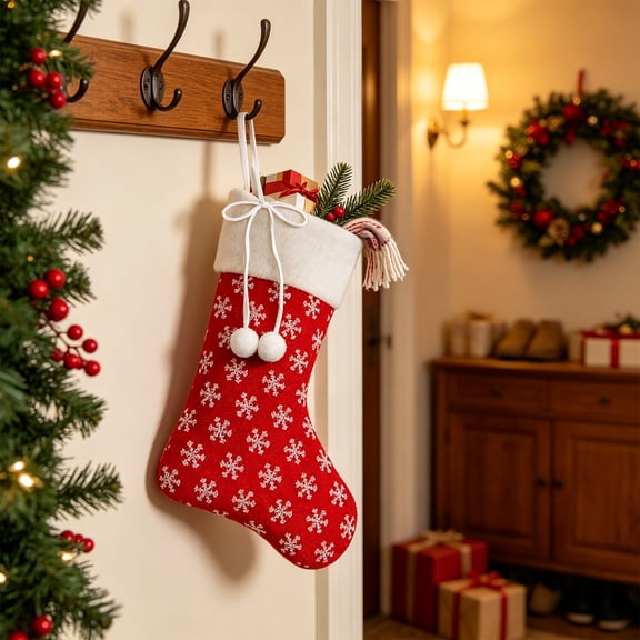 OCCOA Gold Sequin Snowflake Christmas Stocking with Velvet Cuff Bow for Fireplace Mantel Tree Wall Door Home Holiday Decor Gift Xmas Present, Red