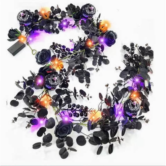 OCCOA Halloween Black Artificial Flower Garland with LED Lights 70.89in Black Rose Battery Operated Spooky Lighted Garland for Home Mantel Doorway, J
