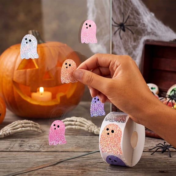 OCCOA Halloween Ghost Stickers 500pcs Glitter Ghost Decals Self-Adhesive for Kids Crafts Scrap Window Wall Party Decorations Gift, Multicolor