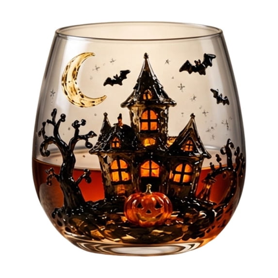 OCCOA Halloween Patterned Glass Cup 15oz Clear Sturdy Drinkware with Haunted House Witch Mummy Print for Wine Cocktail Daily Use Holiday Party Gift Idea, C