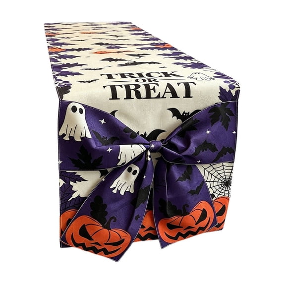 OCCOA Halloween Table Runner with Large Bow Decoration, Spooky Kitchen Dining Table Runner, Polyester Holiday Party Table Decor, B