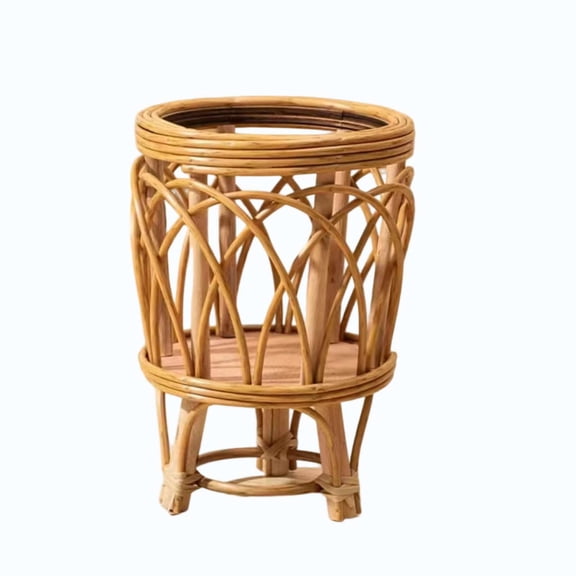 OCCOA Hand Woven Rattan Plants Stand Round Raised Flower Pot Holders Indoor Living Room Balcony Side Table Greenery Support Rack Natural Style, Yellow
