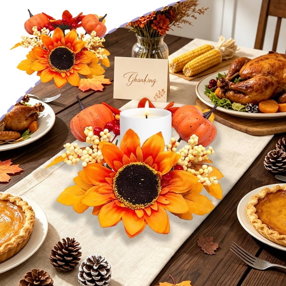 OCCOA Harvest Festival Halloween Maple Leaf and Sunflower Candlestick Wreath, 12 Inch Thanksgiving Fall Table Candle Ring Decoration, D