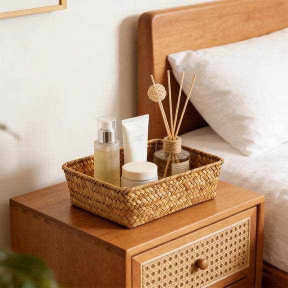 OCCOA Key Basket for Entryway Table Natural Rattan Serving Tray Small Wicker Trays for Decor Fruit Bowl Decorative Baskets for Kitchen,Coffee Table ,Brown