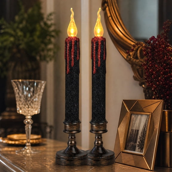 OCCOA LED Romantic Crystal Candle Light 2PCS, Powdered Tearful Long Rod Electronic Candle, Halloween Festival Cold Flame Decor, Black