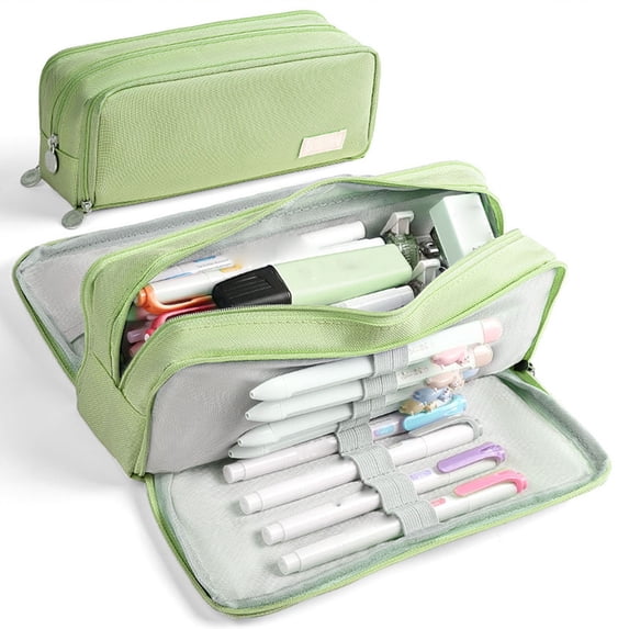 OCCOA Multi Layer Zippered Pencil Case with Elastic Straps Large Capacity Oxford Cloth Organizer for Pens Rulers Office Travel Stationery Storage, Green