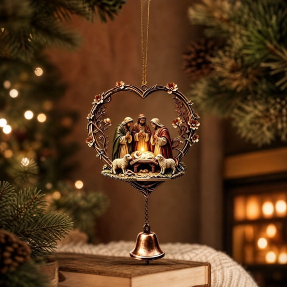 OCCOA Nativity Scene Christmas Hanging Ornament 2D Acrylic Pendant with Bell Religious Holiday Decor for Xmas Tree Wall Mantel, Golden