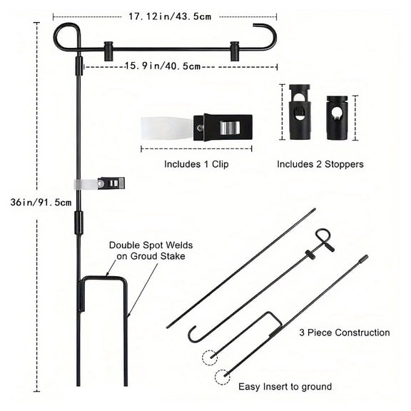 OCCOA Outdoor Garden Metal Flagpole for Yard and Patio, Double Sided Linen Garden Flag Holder with Wind Clip and Spring Buckles, Rustproof, Black