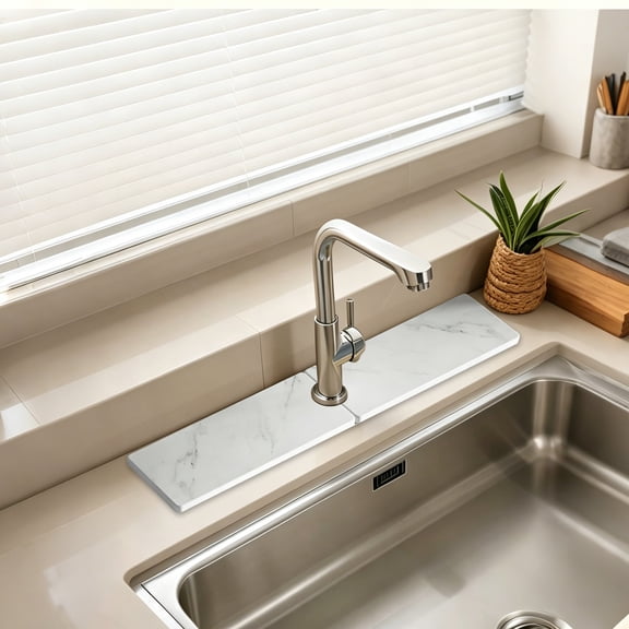 OCCOA Patterned Faucet Mat Diatomaceous Earth Absorbent Mat, Quick Dry Kitchen Bathroom Sink Mat, Non-slip Water Absorbing Countertop Pad, White