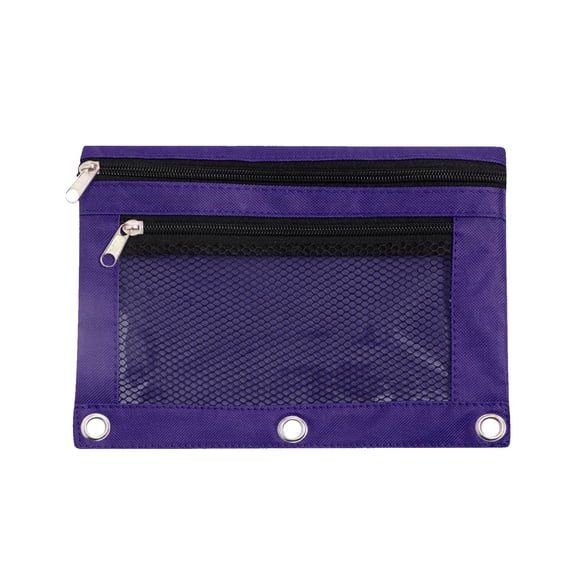 OCCOA Pencil Pouch 3 Ring Zipper Binder Cosmetic Bag, Double Compartment Clear Window Office Document Storage Large Capacity, Purple