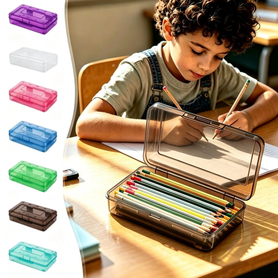 OCCOA Plastic Pencil Box Large Capacity, 8x5x2 Inch Clear Storage Box with Snap Tight Lid, Stackable Office Supplies Organizer for Desk ,B