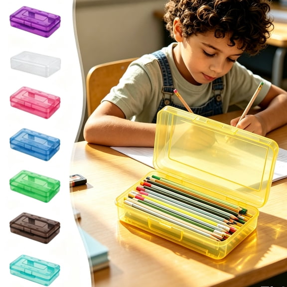 OCCOA Plastic Pencil Box Large Capacity, 8x5x2 Inch Clear Storage Box with Snap Tight Lid, Stackable Office Supplies Organizer for Desk, F