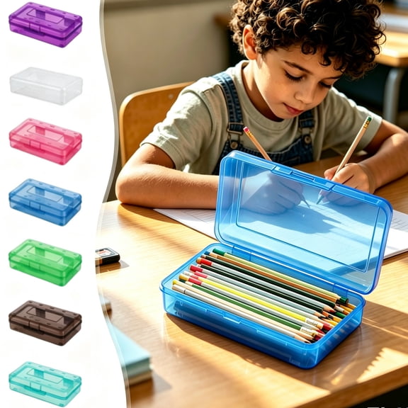 OCCOA Plastic Pencil Box Large Capacity, 8x5x2 Inch Clear Storage Box with Snap Tight Lid, Stackable Office Supplies Organizer for Desk ,H