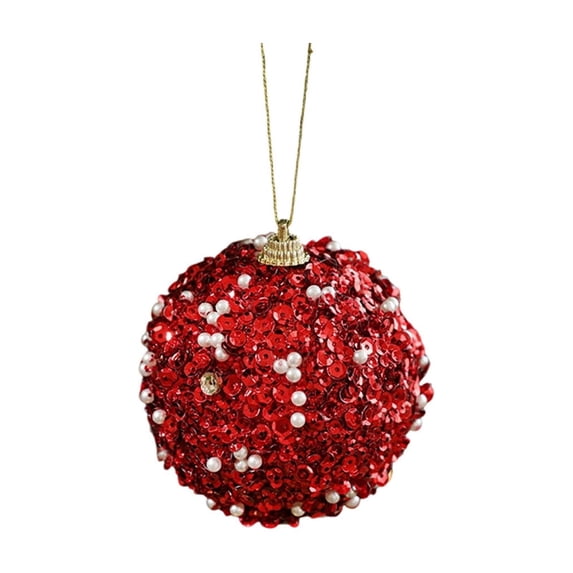 OCCOA Sequin Pearl Christmas Ball Ornaments Glitter Hanging Baubles in Teal Gold Red for Xmas Tree Wreath Holiday Decor Home Accents Party Supplies, Red