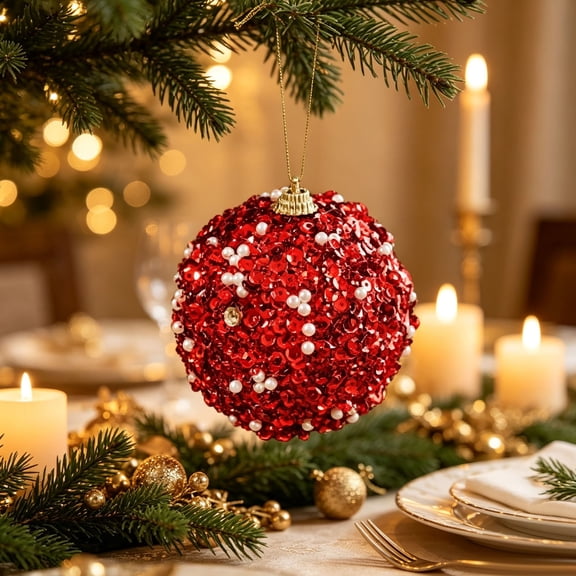OCCOA Sequin Pearl Christmas Ornament Balls Sparkling Hand Crafted Hanging Baubles for Tree Mantel Window Wreath Door Home Holiday Decor Gift Xmas Present, Red