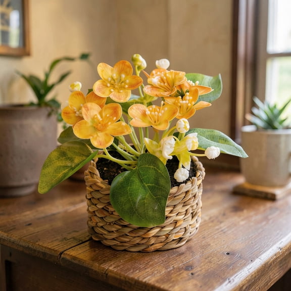 OCCOA Small Fake Plants Mini Artificial Faux Plants Indoor with Flowers Spring Decorations for Home Room Farmhouse Desk House Bathroom Decor,Yellow