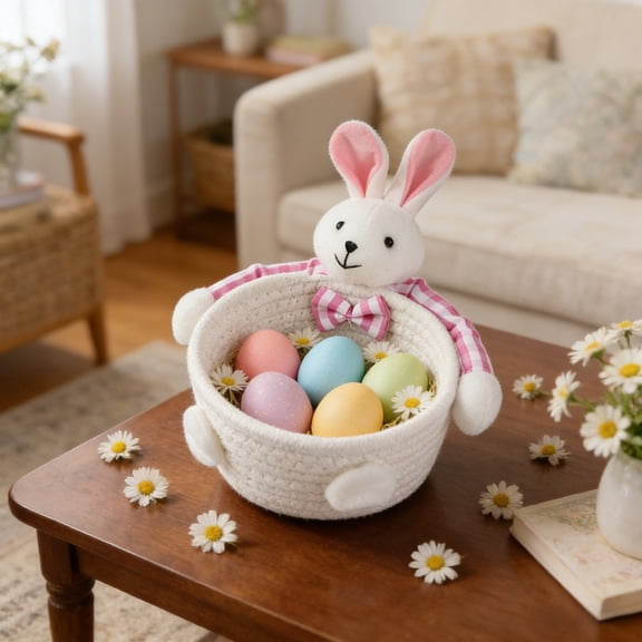 OCCOA Small Woven Storage Basket with Handle,Cute Bunny Easter Baskets for Gift Empty,Cotton Rope Storage Basket for Toy Organizer ,C