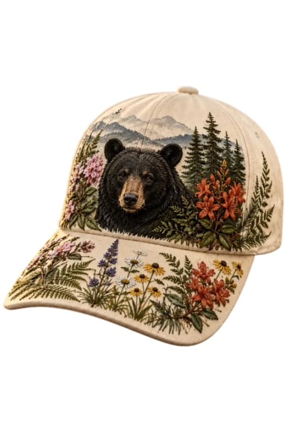 Vintage Black Bear Forest Hunting Baseball Cap for Men, Wildlife Tree Print Outdoor Trucker Hat, Nature Lover Camping Accessory, Multicolor
