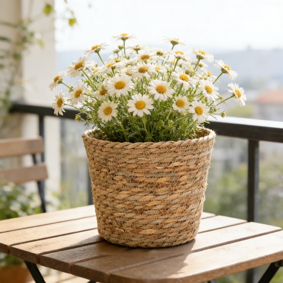 OCCOA Woven Flower Pot Storage Basket Imitation Rattan Decorative Planter for Artificial Flowers Home Garden 8x7x6in,L