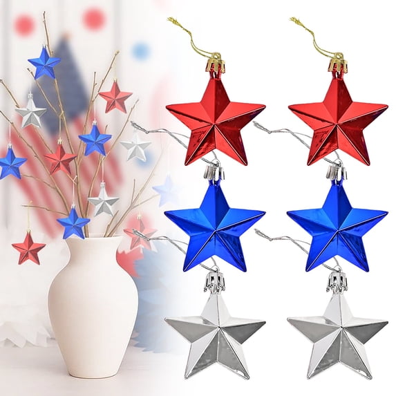 OCCOKO 6 Pieces Patriotic Hanging Star Ornaments – Red, White & Blue Plastic Stars for 4th of July, Independence Day, Memorial Day, Labor Day, Party & Home Decoration