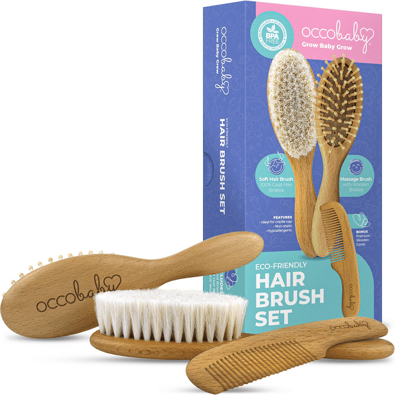OCCObaby 3-Piece Wooden Baby Hair Brush and Comb Set for Newborns and Toddlers | Natural Soft Goat Bristles for Cradle Cap | Wood Bristles Baby Brush for Massage | Perfect for Baby Registry