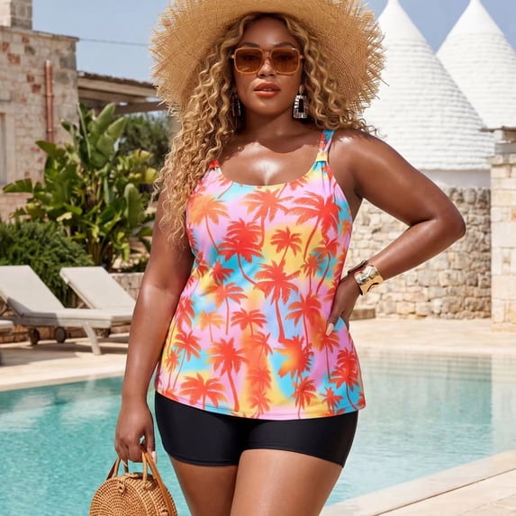 OCEAN BLUES Plues Size Women's Swimsuit Set for Women Tankini Top Swimwear with Shorts Two Piece Bathing Suit Size 2XL