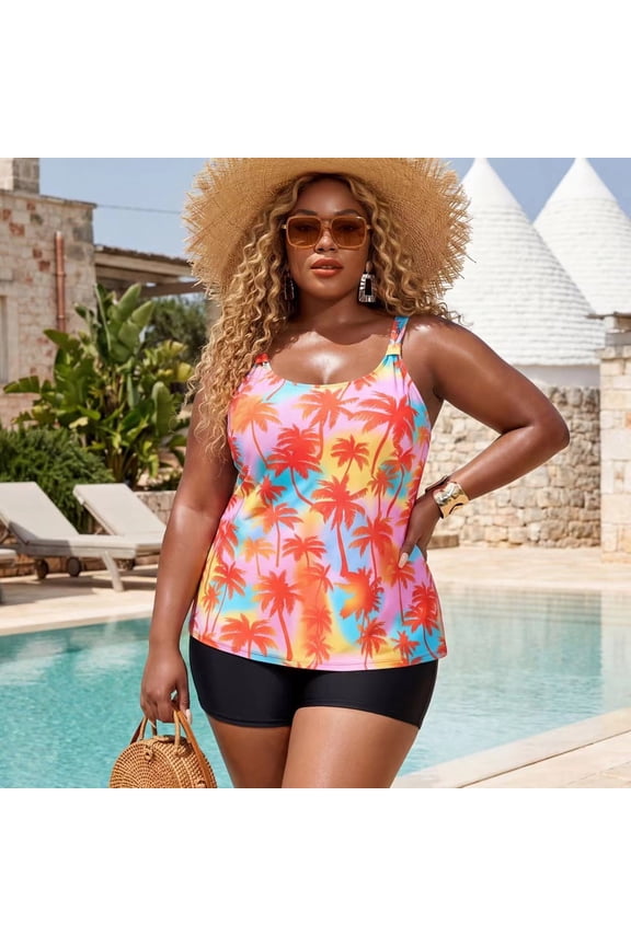 Plues Size Women's Swimsuit Set for Women Tankini Top Swimwear with Shorts Two Piece Bathing Suit Size 2XL