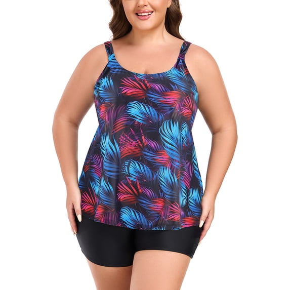 OCEAN BLUES Plus Size Women's Swimsuit Set for Women Tankini Top Swimwear with Shorts Two Piece Bathing Suit Size 2XL