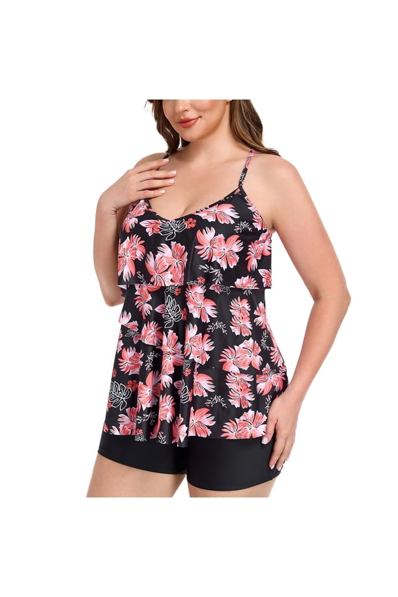 Women's Plus Size Swimsuit Set V Neck Ruffle Tankini Top with High Waisted Boyshort Two Piece Bathing Suit Size 2XL